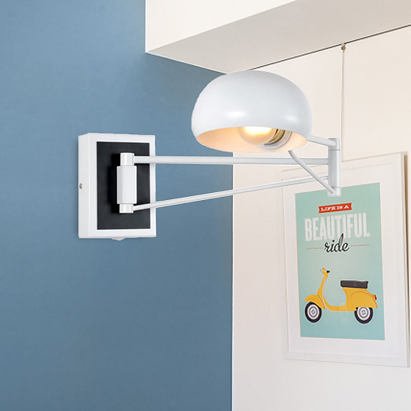 Swing Arm Metal Wall Sconce Light with Dome Shade Retro Stylish 1 Light Bedside Wall Lighting in Black/White Clearhalo 'Art deco wall lights' 'Cast Iron' 'Glass' 'Industrial wall lights' 'Industrial' 'Middle century wall lights' 'Modern' 'Rustic wall lights' 'Tiffany' 'Traditional wall lights' 'Wall Lamps & Sconces' 'Wall Lights' Lighting' 468506