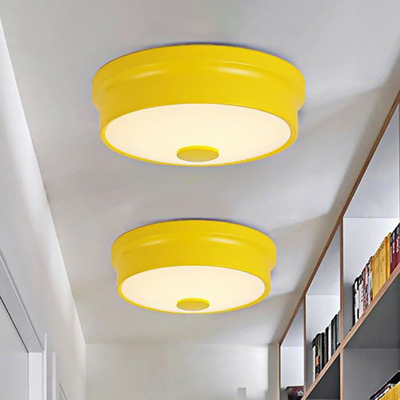 Macaron Drum Ceiling Flush Light Metal Led Kids Room Flushmount Lighting in Black/Green/Pink/Yellow with Frosted Glass Diffuser Clearhalo 'Ceiling Lights' 'Close To Ceiling Lights' 'Close to ceiling' 'Flush mount' Lighting' 468561