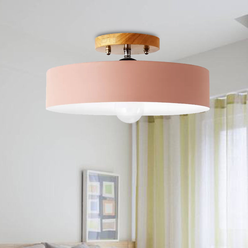 Drum Semi Mount Lighting Modernist Metal 1 Light 12" W Gray/White/Red/Pink Ceiling Mounted Fixture for Living Room Clearhalo 'Ceiling Lights' 'Close To Ceiling Lights' 'Close to ceiling' 'Semi-flushmount' Lighting' 468565