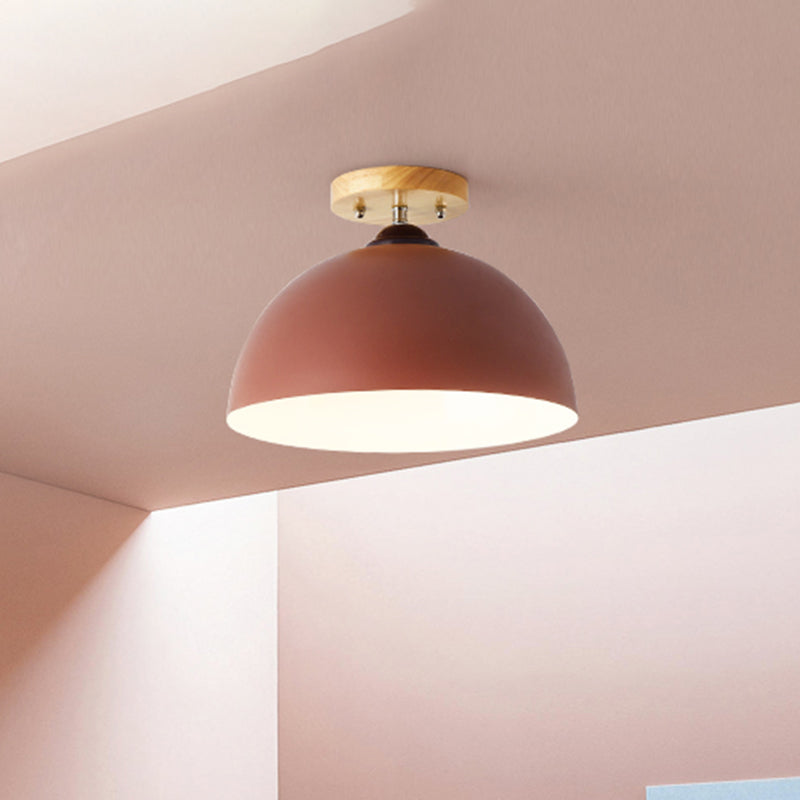 Red/Pink/White/Gray Domed Semi Flushmount Light Macaron Metal 1 Head Bedroom Semi Flush Ceiling Light, 12" W Clearhalo 'Ceiling Lights' 'Close To Ceiling Lights' 'Close to ceiling' 'Semi-flushmount' Lighting' 468574