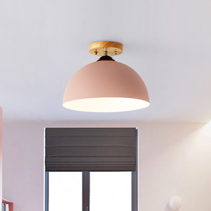 Red/Pink/White/Gray Domed Semi Flushmount Light Macaron Metal 1 Head Bedroom Semi Flush Ceiling Light, 12" W Clearhalo 'Ceiling Lights' 'Close To Ceiling Lights' 'Close to ceiling' 'Semi-flushmount' Lighting' 468575