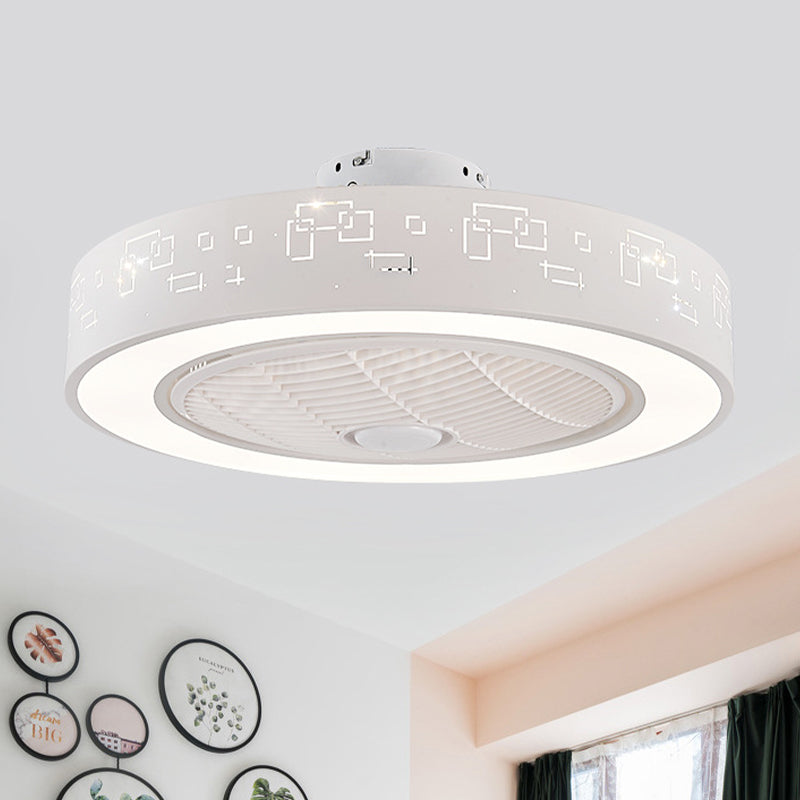 8" Tall Drum Living Room Fan Light Contemporary Metal LED White 3 Blades Semi Flush Mount Lighting Fixture Clearhalo 'Ceiling Fans with Lights' 'Ceiling Fans' 'Modern Ceiling Fans' 'Modern' Lighting' 468605