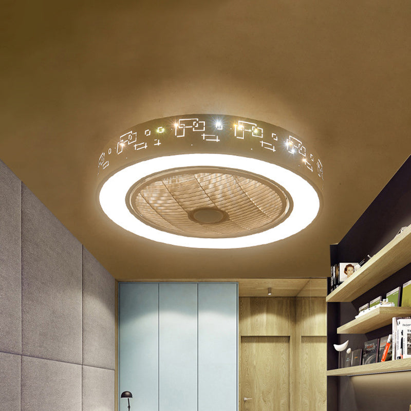 8" Tall Drum Living Room Fan Light Contemporary Metal LED White 3 Blades Semi Flush Mount Lighting Fixture Clearhalo 'Ceiling Fans with Lights' 'Ceiling Fans' 'Modern Ceiling Fans' 'Modern' Lighting' 468606