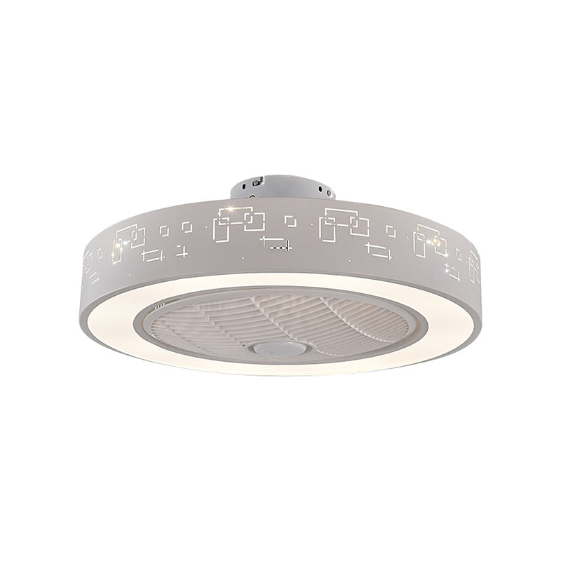 8" Tall Drum Living Room Fan Light Contemporary Metal LED White 3 Blades Semi Flush Mount Lighting Fixture Clearhalo 'Ceiling Fans with Lights' 'Ceiling Fans' 'Modern Ceiling Fans' 'Modern' Lighting' 468607