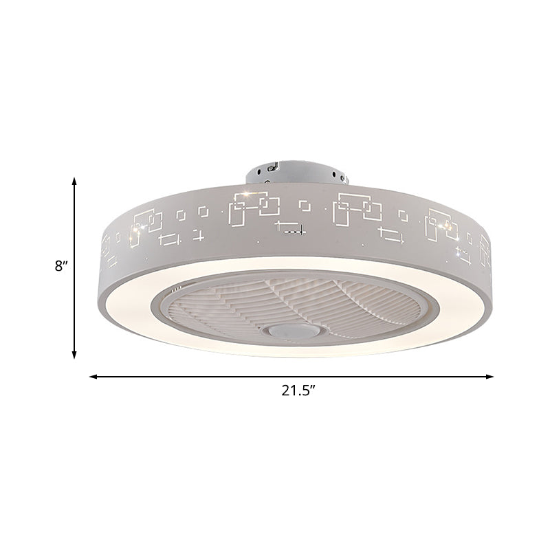 8" Tall Drum Living Room Fan Light Contemporary Metal LED White 3 Blades Semi Flush Mount Lighting Fixture Clearhalo 'Ceiling Fans with Lights' 'Ceiling Fans' 'Modern Ceiling Fans' 'Modern' Lighting' 468608