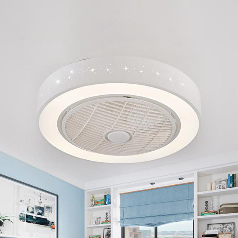 8" Tall Drum Living Room Fan Light Contemporary Metal LED White 3 Blades Semi Flush Mount Lighting Fixture White B Clearhalo 'Ceiling Fans with Lights' 'Ceiling Fans' 'Modern Ceiling Fans' 'Modern' Lighting' 468609