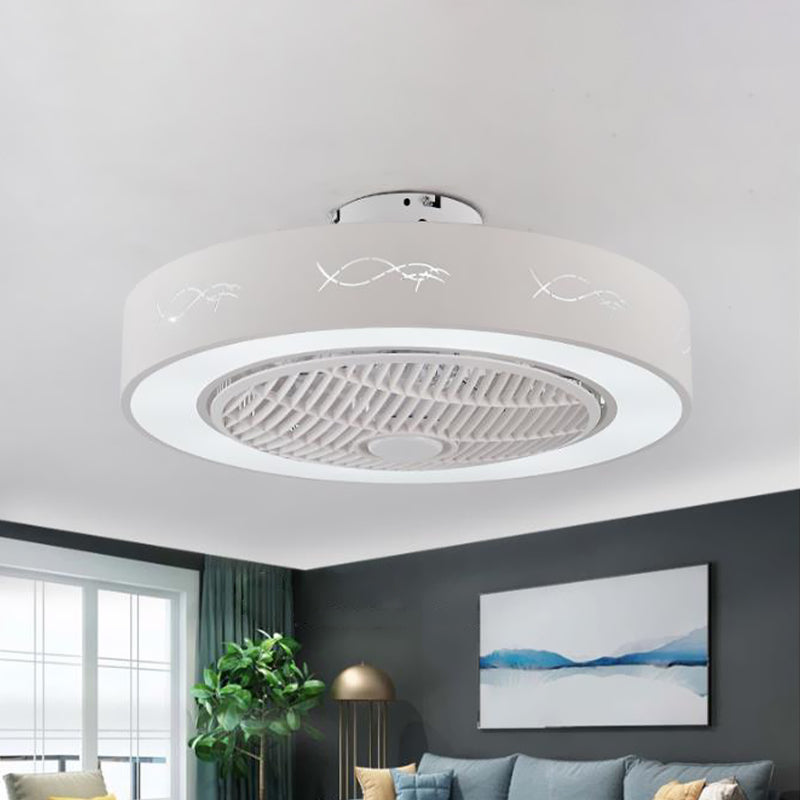 8" Tall Drum Living Room Fan Light Contemporary Metal LED White 3 Blades Semi Flush Mount Lighting Fixture White C Clearhalo 'Ceiling Fans with Lights' 'Ceiling Fans' 'Modern Ceiling Fans' 'Modern' Lighting' 468613