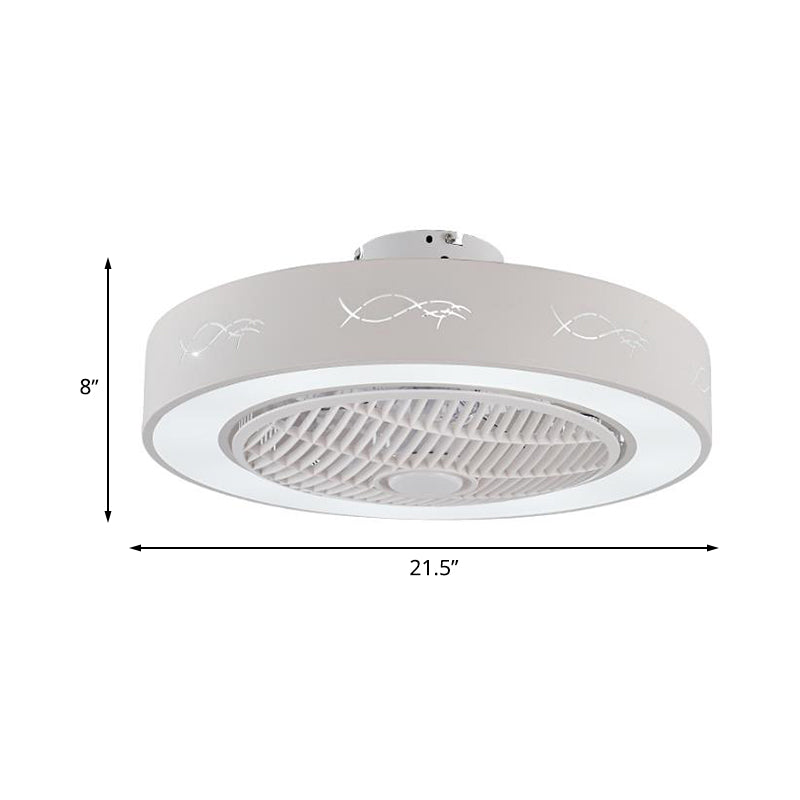 8" Tall Drum Living Room Fan Light Contemporary Metal LED White 3 Blades Semi Flush Mount Lighting Fixture Clearhalo 'Ceiling Fans with Lights' 'Ceiling Fans' 'Modern Ceiling Fans' 'Modern' Lighting' 468616