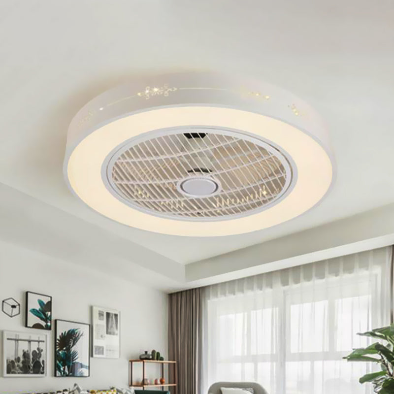 8" Tall Drum Living Room Fan Light Contemporary Metal LED White 3 Blades Semi Flush Mount Lighting Fixture White D Clearhalo 'Ceiling Fans with Lights' 'Ceiling Fans' 'Modern Ceiling Fans' 'Modern' Lighting' 468617