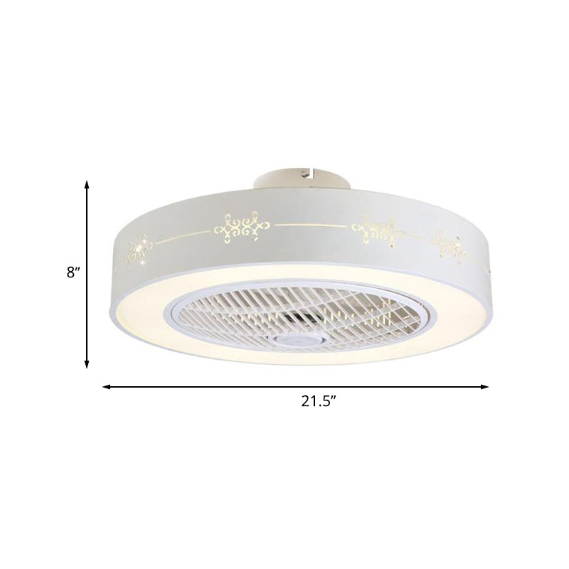 8" Tall Drum Living Room Fan Light Contemporary Metal LED White 3 Blades Semi Flush Mount Lighting Fixture Clearhalo 'Ceiling Fans with Lights' 'Ceiling Fans' 'Modern Ceiling Fans' 'Modern' Lighting' 468620