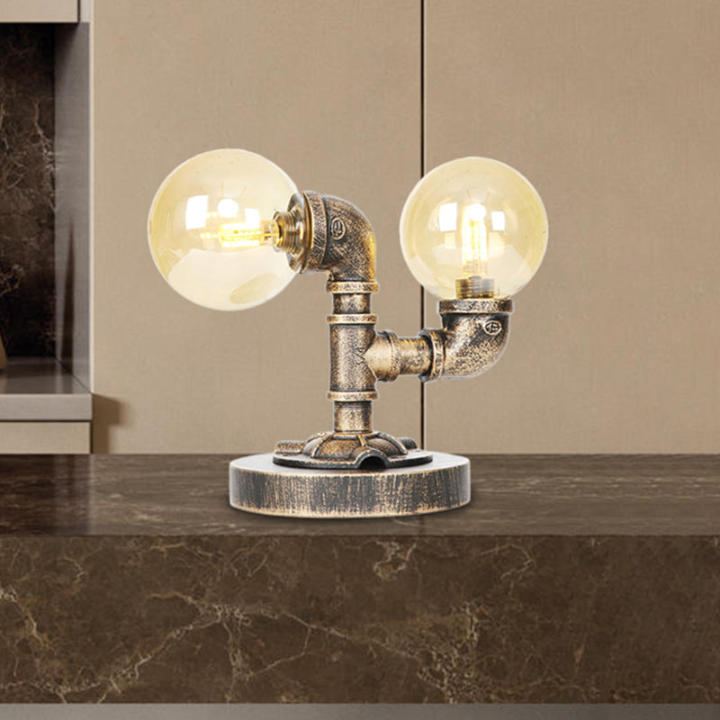 Clear/Amber Glass Round Shade Task Lighting Vintage Style 2 Lights Coffee Shop Desk Lamp in Antique Silver/Bronze Clearhalo 'Lamps' 'Table Lamps' Lighting' 468621