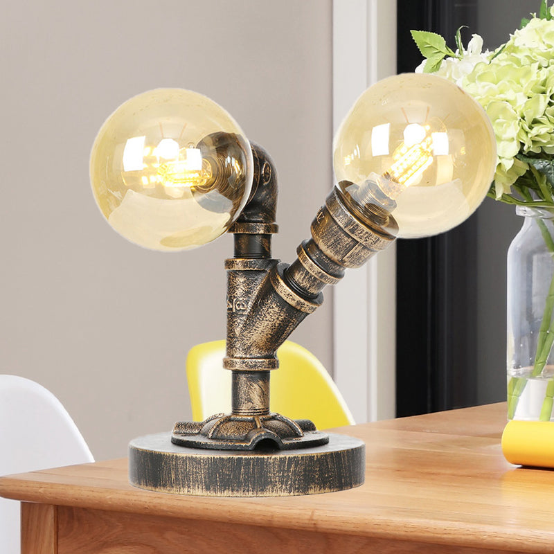 Clear/Amber Glass Round Shade Task Lighting Vintage Style 2 Lights Coffee Shop Desk Lamp in Antique Silver/Bronze Clearhalo 'Lamps' 'Table Lamps' Lighting' 468622