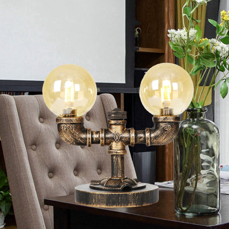 Clear/Amber Glass Round Shade Task Lighting Vintage Style 2 Lights Coffee Shop Desk Lamp in Antique Silver/Bronze Clearhalo 'Lamps' 'Table Lamps' Lighting' 468623