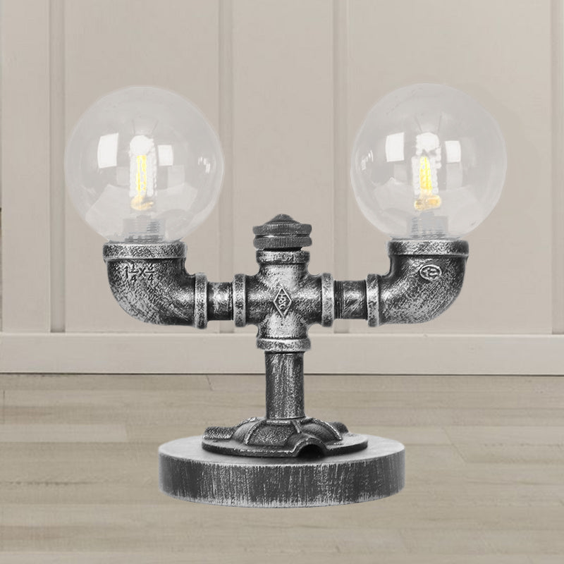 Clear/Amber Glass Round Shade Task Lighting Vintage Style 2 Lights Coffee Shop Desk Lamp in Antique Silver/Bronze Clearhalo 'Lamps' 'Table Lamps' Lighting' 468624