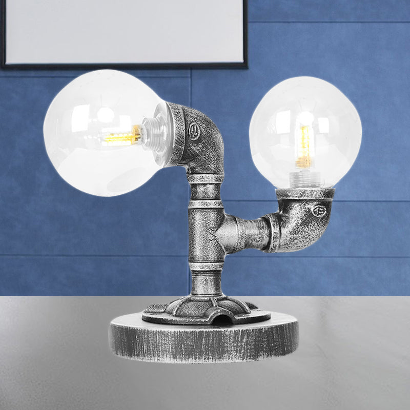 Clear/Amber Glass Round Shade Task Lighting Vintage Style 2 Lights Coffee Shop Desk Lamp in Antique Silver/Bronze Clearhalo 'Lamps' 'Table Lamps' Lighting' 468625