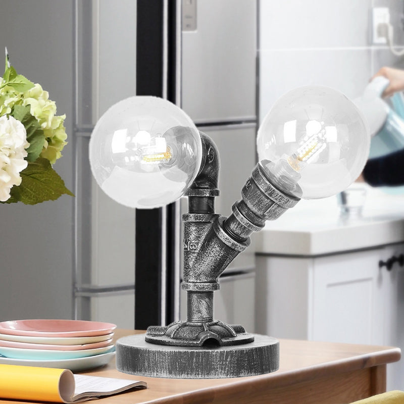 Clear/Amber Glass Round Shade Task Lighting Vintage Style 2 Lights Coffee Shop Desk Lamp in Antique Silver/Bronze Clearhalo 'Lamps' 'Table Lamps' Lighting' 468626