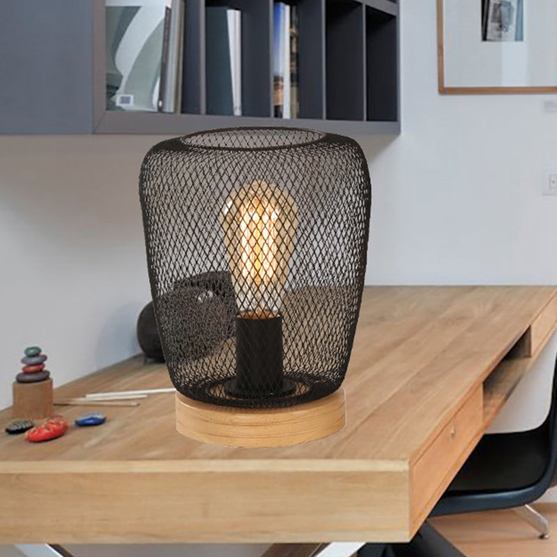 1 Bulb Table Lamp Industrial Stylish Pear/Barrel Shade Metal and Wood Task Lamp with Wire Guard in Black for Bedroom Clearhalo 'Lamps' 'Table Lamps' Lighting' 468658