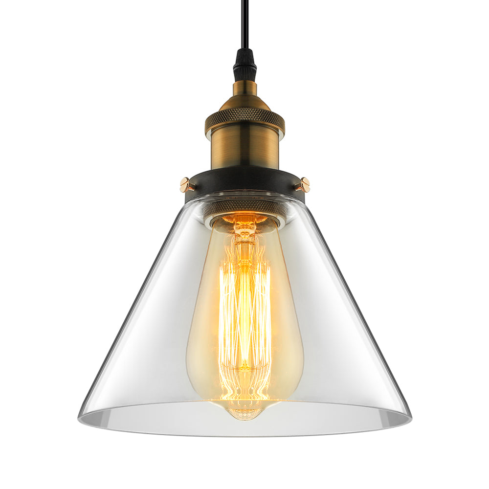 5.5"/7" Wide Cone Pendant Light Industrial 1 Light Grey/Brown/Clear Glass Hanging Lamp in Bronze Clear 7" Clearhalo 'Ceiling Lights' 'Glass shade' 'Glass' 'Industrial Pendants' 'Industrial' 'Middle Century Pendants' 'Pendant Lights' 'Pendants' 'Tiffany' Lighting' 4706
