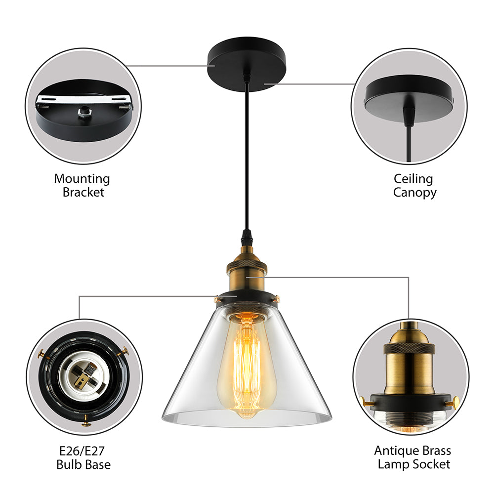5.5"/7" Wide Cone Pendant Light Industrial 1 Light Grey/Brown/Clear Glass Hanging Lamp in Bronze Clearhalo 'Ceiling Lights' 'Glass shade' 'Glass' 'Industrial Pendants' 'Industrial' 'Middle Century Pendants' 'Pendant Lights' 'Pendants' 'Tiffany' Lighting' 4710