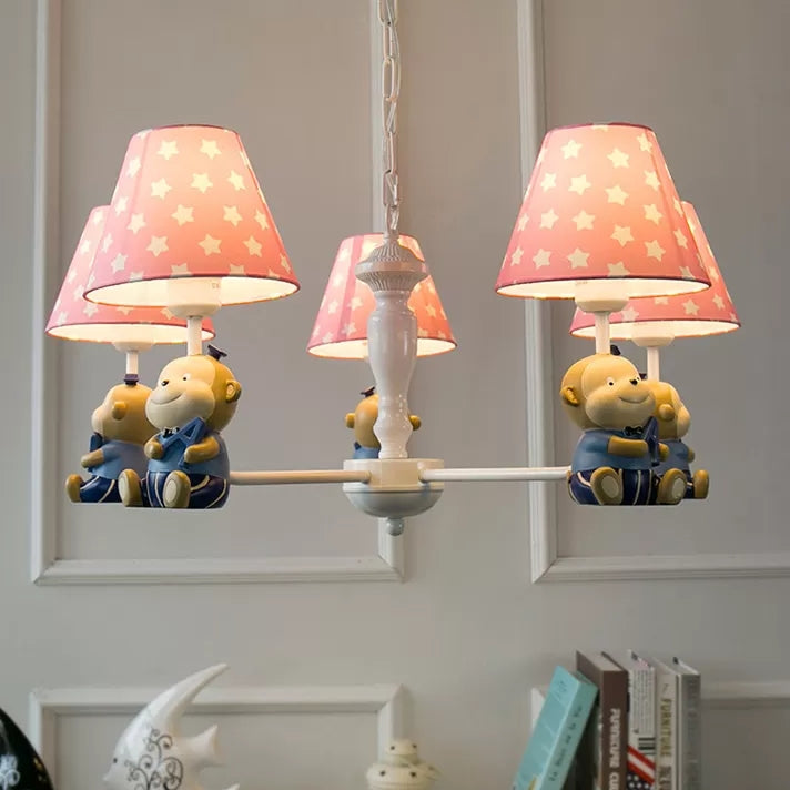Dot Tapered Shade Chandelier Kids Metal Resin Hanging Light with Monkey for Dining Room 5 Pink Clearhalo 'Ceiling Lights' 'Chandeliers' Lighting' options 47954_8169d5d7-4b3a-4c52-b543-4f2d8bd0e824