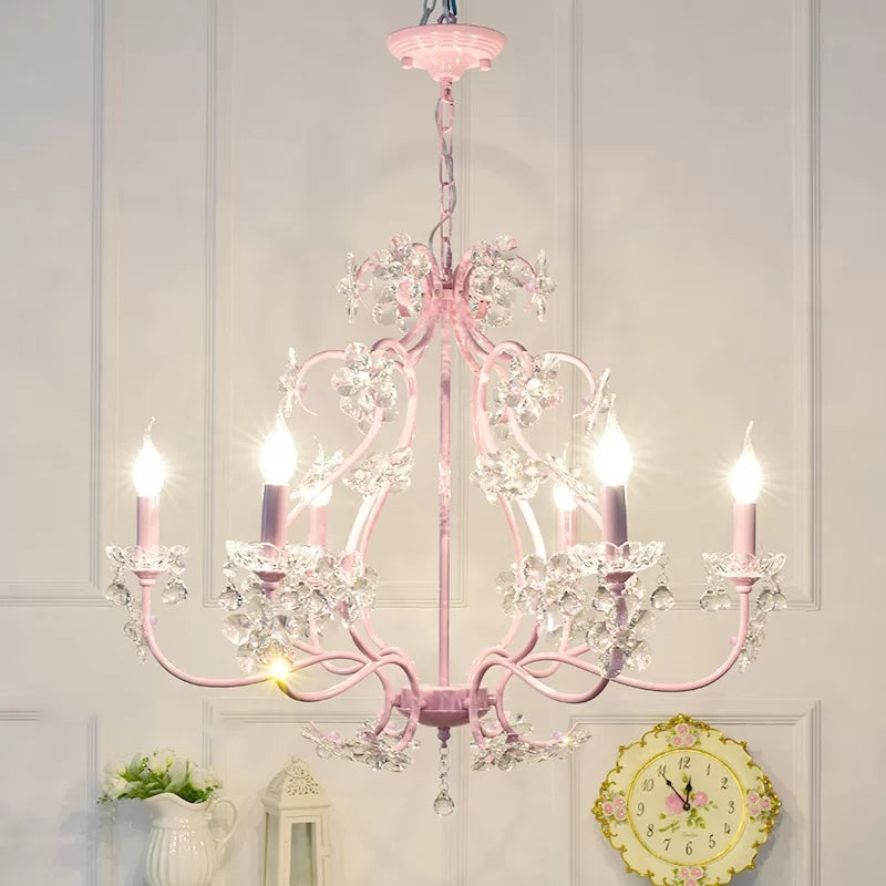Candle Shape Chandelier with Clear Crystal Kids Metal Hanging Light in Pink with Crystal for Dining Room Clearhalo 'Ceiling Lights' 'Chandeliers' Lighting' options 48603