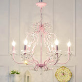 Candle Shape Chandelier with Clear Crystal Kids Metal Hanging Light in Pink with Crystal for Dining Room Clearhalo 'Ceiling Lights' 'Chandeliers' Lighting' options 48603