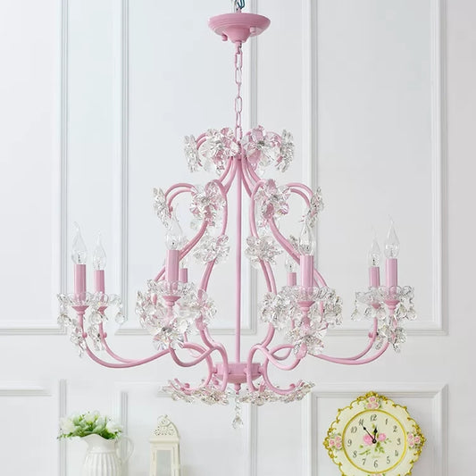 Candle Shape Chandelier with Clear Crystal Kids Metal Hanging Light in Pink with Crystal for Dining Room Clearhalo 'Ceiling Lights' 'Chandeliers' Lighting' options 48604