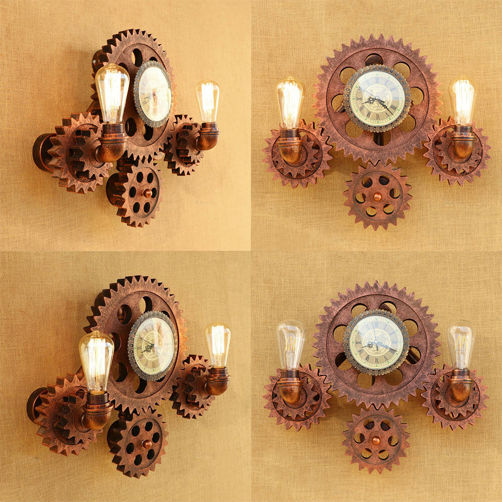 2 Heads Exposed Bulb Wall Sconce Industrial Style Rust Wrought Iron Wall Fixture Light with Gear Decoration Clearhalo 'Art deco wall lights' 'Cast Iron' 'Glass' 'Industrial wall lights' 'Industrial' 'Middle century wall lights' 'Modern' 'Rustic wall lights' 'Tiffany' 'Traditional wall lights' 'Wall Lamps & Sconces' 'Wall Lights' Lighting' 49196