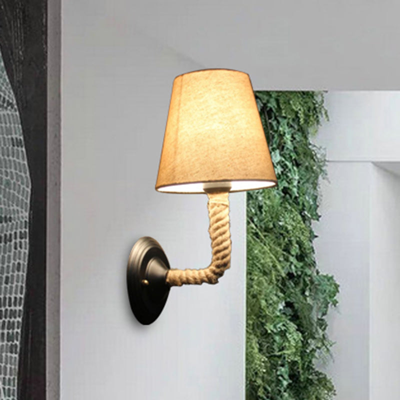 1 Light Conic Wall Sconce Lodge Style Beige Fabric Wall Lighting with Roped Curved/Angle Arm for Restaurant Clearhalo 'Art deco wall lights' 'Cast Iron' 'Glass' 'Industrial wall lights' 'Industrial' 'Middle century wall lights' 'Modern' 'Rustic wall lights' 'Tiffany' 'Traditional wall lights' 'Wall Lamps & Sconces' 'Wall Lights' Lighting' 493453