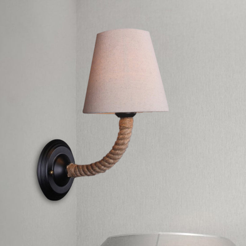 1 Light Conic Wall Sconce Lodge Style Beige Fabric Wall Lighting with Roped Curved/Angle Arm for Restaurant Clearhalo 'Art deco wall lights' 'Cast Iron' 'Glass' 'Industrial wall lights' 'Industrial' 'Middle century wall lights' 'Modern' 'Rustic wall lights' 'Tiffany' 'Traditional wall lights' 'Wall Lamps & Sconces' 'Wall Lights' Lighting' 493454