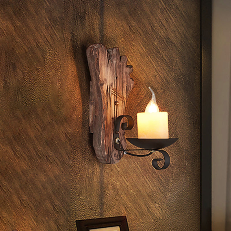 Cylinder Coffee Shop Wall Light Fixture Coastal Marble 1 Light Brown Sconce Lamp with Wooden Semicircle/Foot/Rectangle Base Clearhalo 'Industrial wall lights' 'Industrial' 'Middle century wall lights' 'Rustic wall lights' 'Tiffany' 'Wall Lamps & Sconces' 'Wall Lights' Lighting' 493502