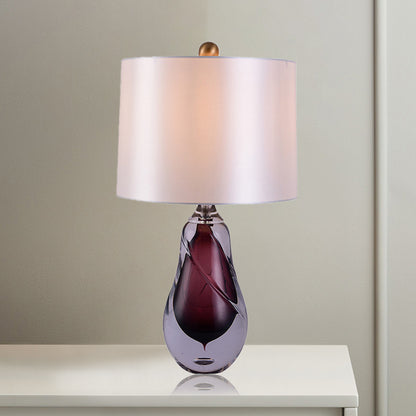 Fabric Drum Table Light Contemporary 1 Head White Small Desk Lamp with Teardrop Red Glazed Crystal Base White Clearhalo 'Lamps' 'Table Lamps' Lighting' 493525