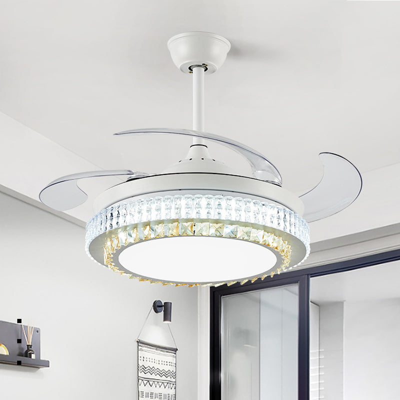 White Circular Hanging Fan Lamp Modernism Crystal LED 42" W Living Room Semi Flush Ceiling Light with 4 Clear Blades, Remote/Wall Control/Frequency Conversion and Remote Control White Clearhalo 'Ceiling Fans with Lights' 'Ceiling Fans' 'Modern Ceiling Fans' 'Modern' Lighting' 493579