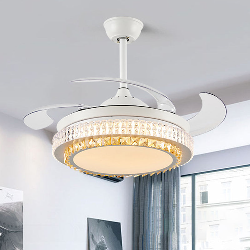 White Circular Hanging Fan Lamp Modernism Crystal LED 42" W Living Room Semi Flush Ceiling Light with 4 Clear Blades, Remote/Wall Control/Frequency Conversion and Remote Control Clearhalo 'Ceiling Fans with Lights' 'Ceiling Fans' 'Modern Ceiling Fans' 'Modern' Lighting' 493580