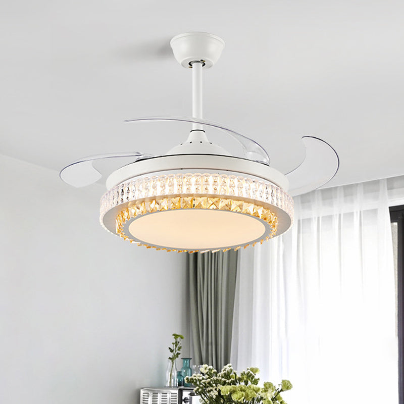 White Circular Hanging Fan Lamp Modernism Crystal LED 42" W Living Room Semi Flush Ceiling Light with 4 Clear Blades, Remote/Wall Control/Frequency Conversion and Remote Control Clearhalo 'Ceiling Fans with Lights' 'Ceiling Fans' 'Modern Ceiling Fans' 'Modern' Lighting' 493581