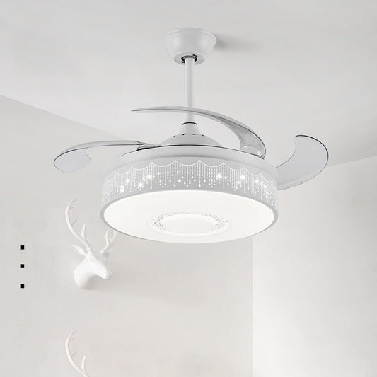 Modern Drum Pendant Fan Lamp 42" Width LED Metal Semi Flush Light Fixture in White with 4 Blades, Wall/Remote Control/Frequency Conversion and Remote Control White Clearhalo 'Ceiling Fans with Lights' 'Ceiling Fans' 'Modern Ceiling Fans' 'Modern' Lighting' 493584