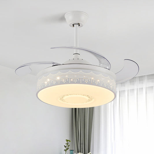 Modern Drum Pendant Fan Lamp 42" Width LED Metal Semi Flush Light Fixture in White with 4 Blades, Wall/Remote Control/Frequency Conversion and Remote Control Clearhalo 'Ceiling Fans with Lights' 'Ceiling Fans' 'Modern Ceiling Fans' 'Modern' Lighting' 493585