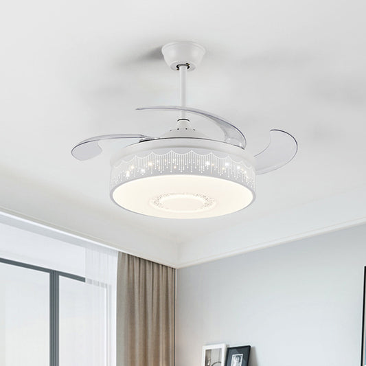 Modern Drum Pendant Fan Lamp 42" Width LED Metal Semi Flush Light Fixture in White with 4 Blades, Wall/Remote Control/Frequency Conversion and Remote Control Clearhalo 'Ceiling Fans with Lights' 'Ceiling Fans' 'Modern Ceiling Fans' 'Modern' Lighting' 493586
