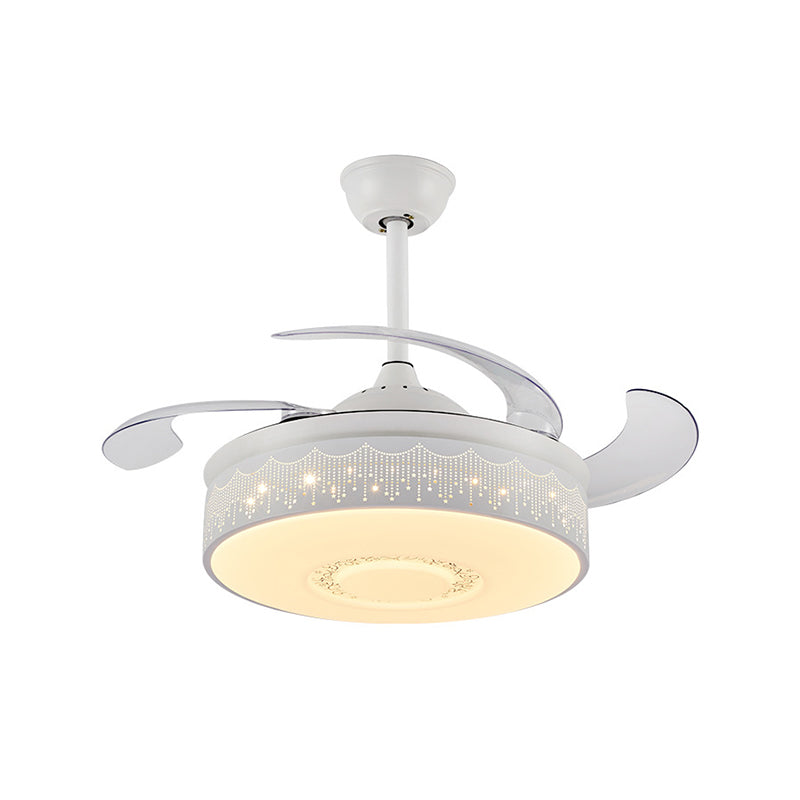 Modern Drum Pendant Fan Lamp 42" Width LED Metal Semi Flush Light Fixture in White with 4 Blades, Wall/Remote Control/Frequency Conversion and Remote Control Clearhalo 'Ceiling Fans with Lights' 'Ceiling Fans' 'Modern Ceiling Fans' 'Modern' Lighting' 493587