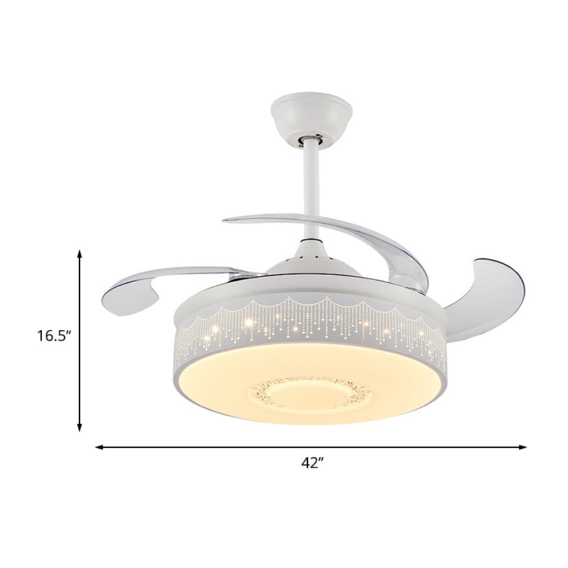 Modern Drum Pendant Fan Lamp 42" Width LED Metal Semi Flush Light Fixture in White with 4 Blades, Wall/Remote Control/Frequency Conversion and Remote Control Clearhalo 'Ceiling Fans with Lights' 'Ceiling Fans' 'Modern Ceiling Fans' 'Modern' Lighting' 493588