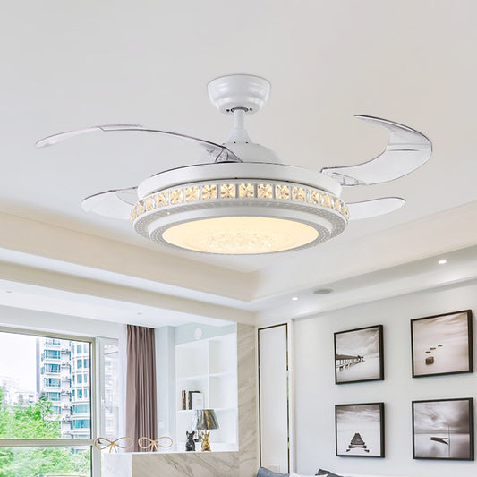 42" W Crystal Circle Semi Flush Modernist LED Living Room Ceiling Fan Lighting in White with 4 Blades, Wall/Remote Control/Frequency Conversion and Remote Control White Clearhalo 'Ceiling Fans with Lights' 'Ceiling Fans' 'Modern Ceiling Fans' 'Modern' Lighting' 493589