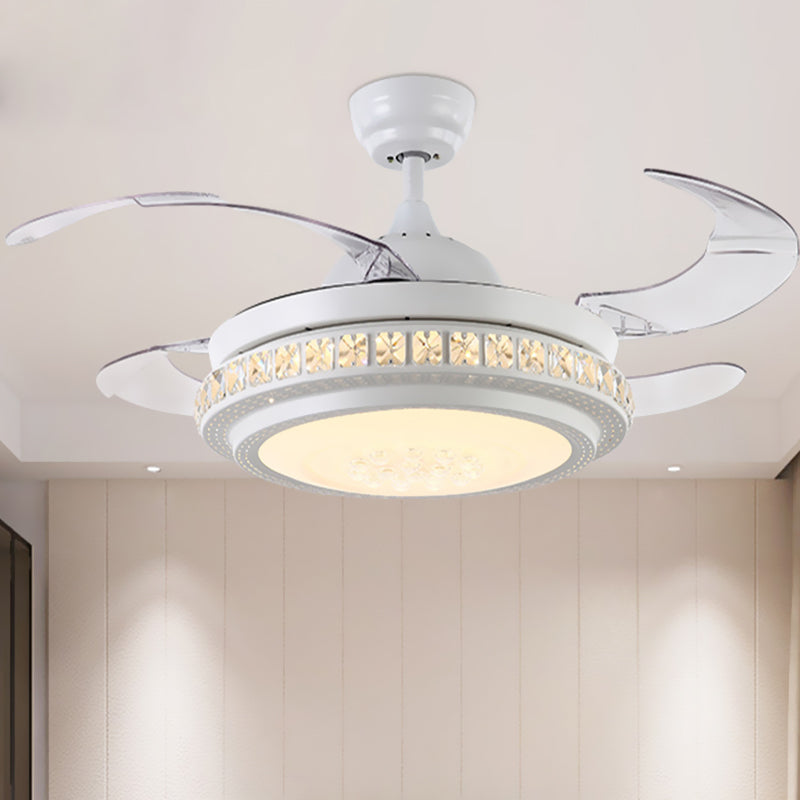 42" W Crystal Circle Semi Flush Modernist LED Living Room Ceiling Fan Lighting in White with 4 Blades, Wall/Remote Control/Frequency Conversion and Remote Control Clearhalo 'Ceiling Fans with Lights' 'Ceiling Fans' 'Modern Ceiling Fans' 'Modern' Lighting' 493590