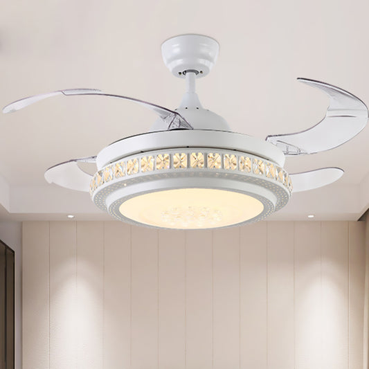 42" W Crystal Circle Semi Flush Modernist LED Living Room Ceiling Fan Lighting in White with 4 Blades, Wall/Remote Control/Frequency Conversion and Remote Control Clearhalo 'Ceiling Fans with Lights' 'Ceiling Fans' 'Modern Ceiling Fans' 'Modern' Lighting' 493590
