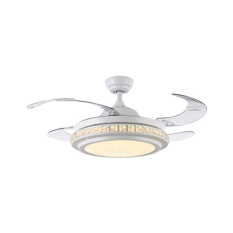 42" W Crystal Circle Semi Flush Modernist LED Living Room Ceiling Fan Lighting in White with 4 Blades, Wall/Remote Control/Frequency Conversion and Remote Control Clearhalo 'Ceiling Fans with Lights' 'Ceiling Fans' 'Modern Ceiling Fans' 'Modern' Lighting' 493591