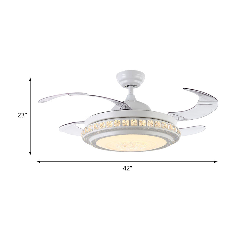 42" W Crystal Circle Semi Flush Modernist LED Living Room Ceiling Fan Lighting in White with 4 Blades, Wall/Remote Control/Frequency Conversion and Remote Control Clearhalo 'Ceiling Fans with Lights' 'Ceiling Fans' 'Modern Ceiling Fans' 'Modern' Lighting' 493593