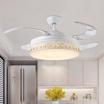 42" Width LED Crystal Semi Flush Mount Simplicity White Ring Dining Room Hanging Fan Light with 4 Clear Blades, Remote/Wall Control/Frequency Conversion White Clearhalo 'Ceiling Fans with Lights' 'Ceiling Fans' 'Modern Ceiling Fans' 'Modern' Lighting' 493594