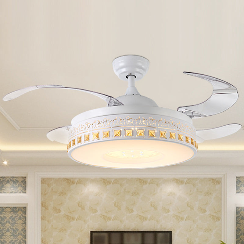 42" Width LED Crystal Semi Flush Mount Simplicity White Ring Dining Room Hanging Fan Light with 4 Clear Blades, Remote/Wall Control/Frequency Conversion Clearhalo 'Ceiling Fans with Lights' 'Ceiling Fans' 'Modern Ceiling Fans' 'Modern' Lighting' 493595