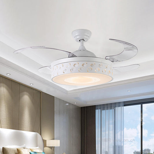 Drum Metal Pendant Fan Light Modern LED 42" W Bedroom Semi Flush Mount Lighting in White with Remote/Wall Control/Frequency Conversion and Remote Control, 4 Blades White Clearhalo 'Ceiling Fans with Lights' 'Ceiling Fans' 'Modern Ceiling Fans' 'Modern' Lighting' 493599