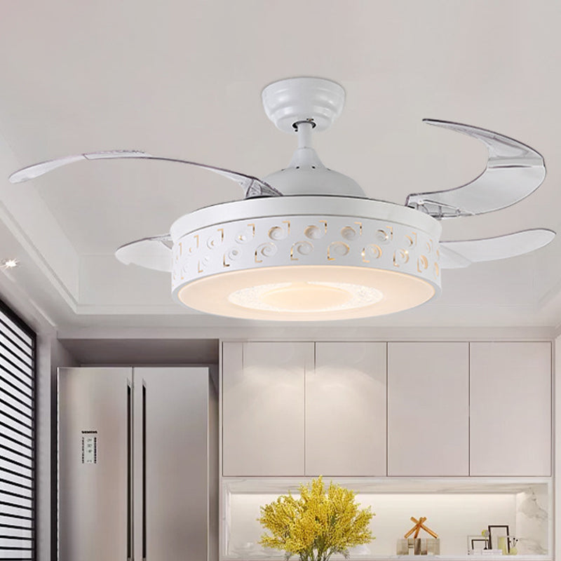 Drum Metal Pendant Fan Light Modern LED 42" W Bedroom Semi Flush Mount Lighting in White with Remote/Wall Control/Frequency Conversion and Remote Control, 4 Blades Clearhalo 'Ceiling Fans with Lights' 'Ceiling Fans' 'Modern Ceiling Fans' 'Modern' Lighting' 493600
