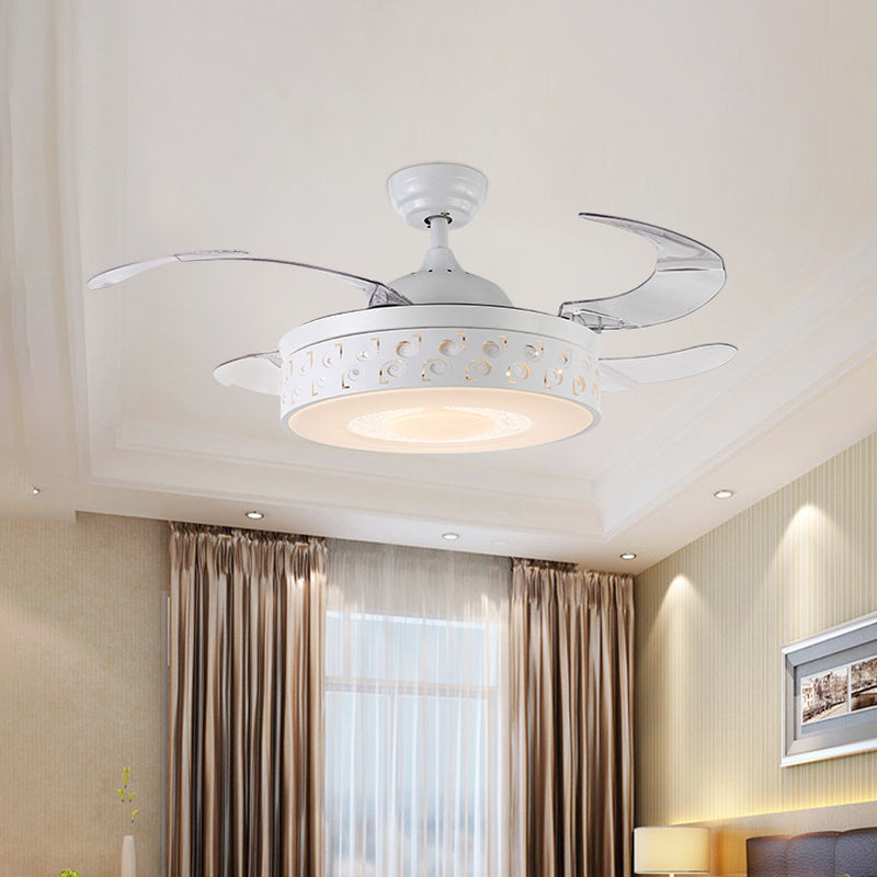 Drum Metal Pendant Fan Light Modern LED 42" W Bedroom Semi Flush Mount Lighting in White with Remote/Wall Control/Frequency Conversion and Remote Control, 4 Blades Clearhalo 'Ceiling Fans with Lights' 'Ceiling Fans' 'Modern Ceiling Fans' 'Modern' Lighting' 493601